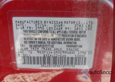 2014 Nissan Sentra S from USA, damaged, VIN 3N1AB7APXEY277192